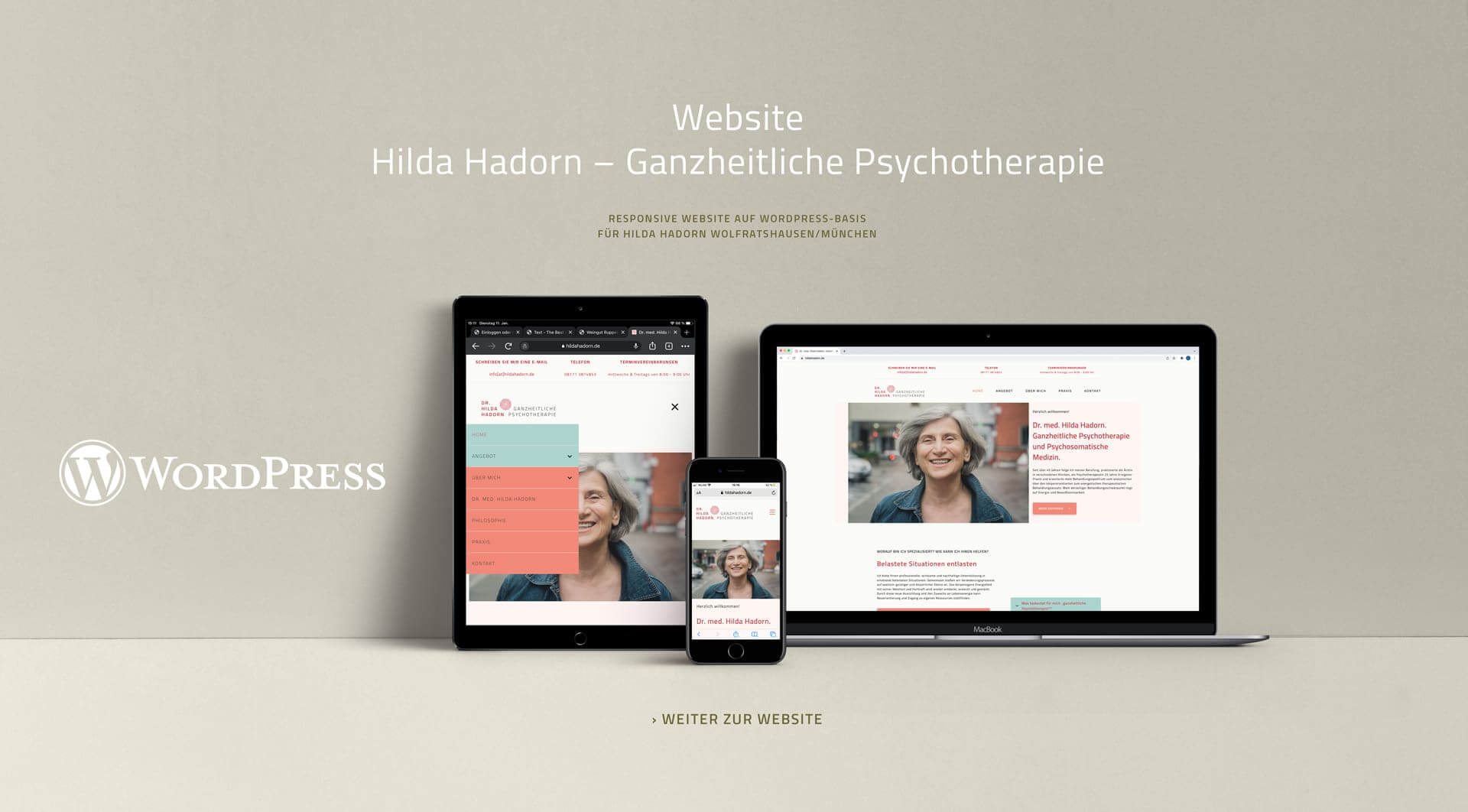 Die Website von Dr. med. Hilda Hadorn – Ganzheitliche Psychotherapie, dargestellt auf Laptop, Tablet und Smartphone (responsive).