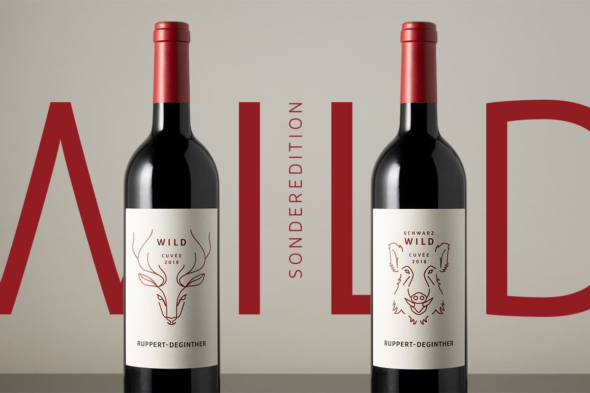 Corporate Identity Design für Ruppert-Deginther | Ein ausgezeichnetes Weingut in Rheinhessen | Abbildung der beiden roten Cuvées "Wild" und "Schwarzwild" in Flaschen